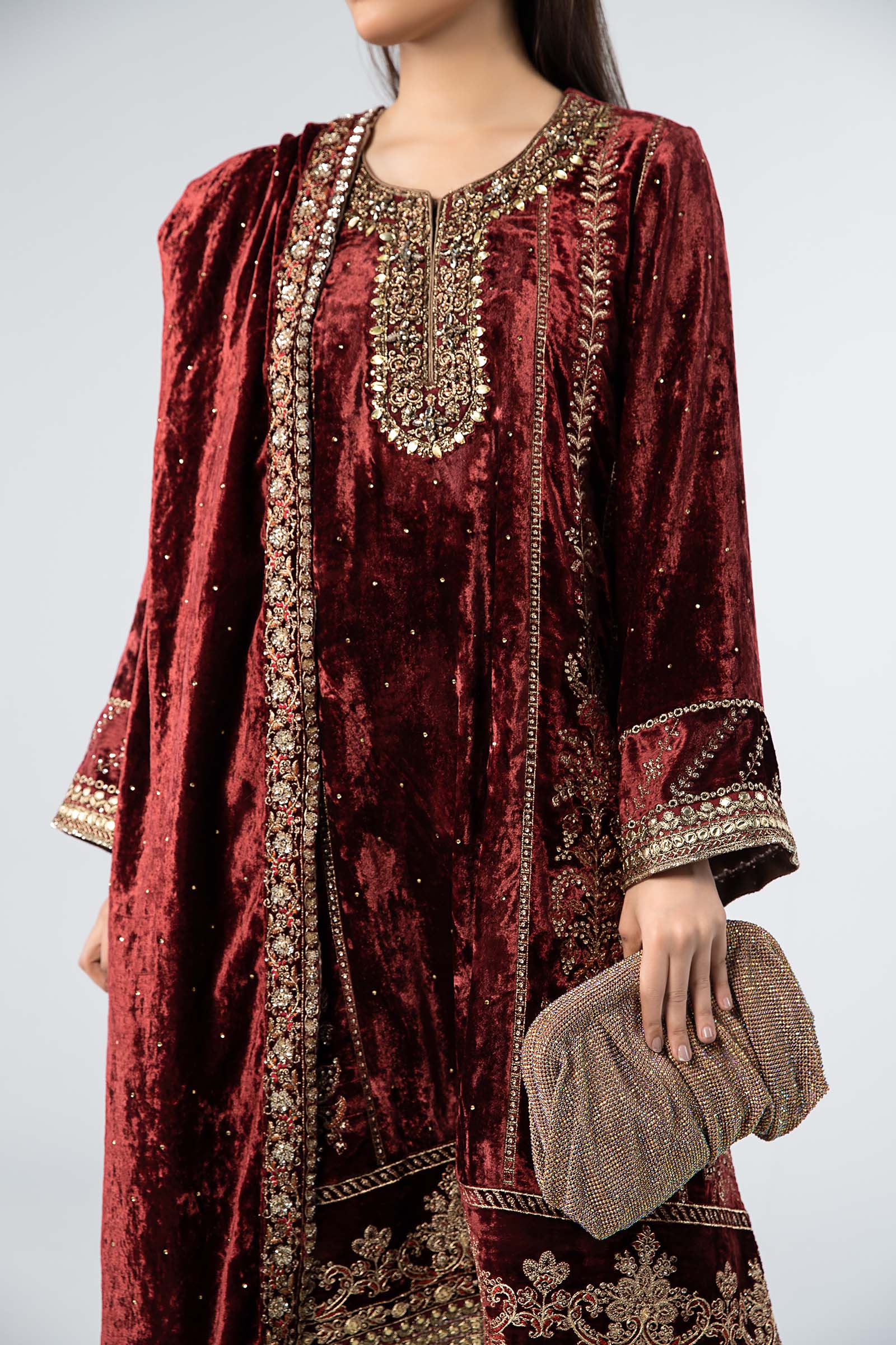 Pakistani Maroon Embroidered Velvet 3-Piece Suit - Image 8