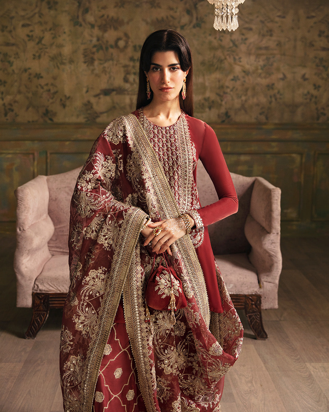Deep Maroon Embroidered Velvet Salwar Kameez (3-Piece) - Image 3