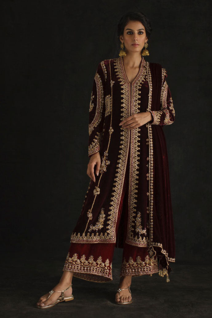 Dark Maroon Zardozi Velvet Jacket Set (3-Piece) - Image 1