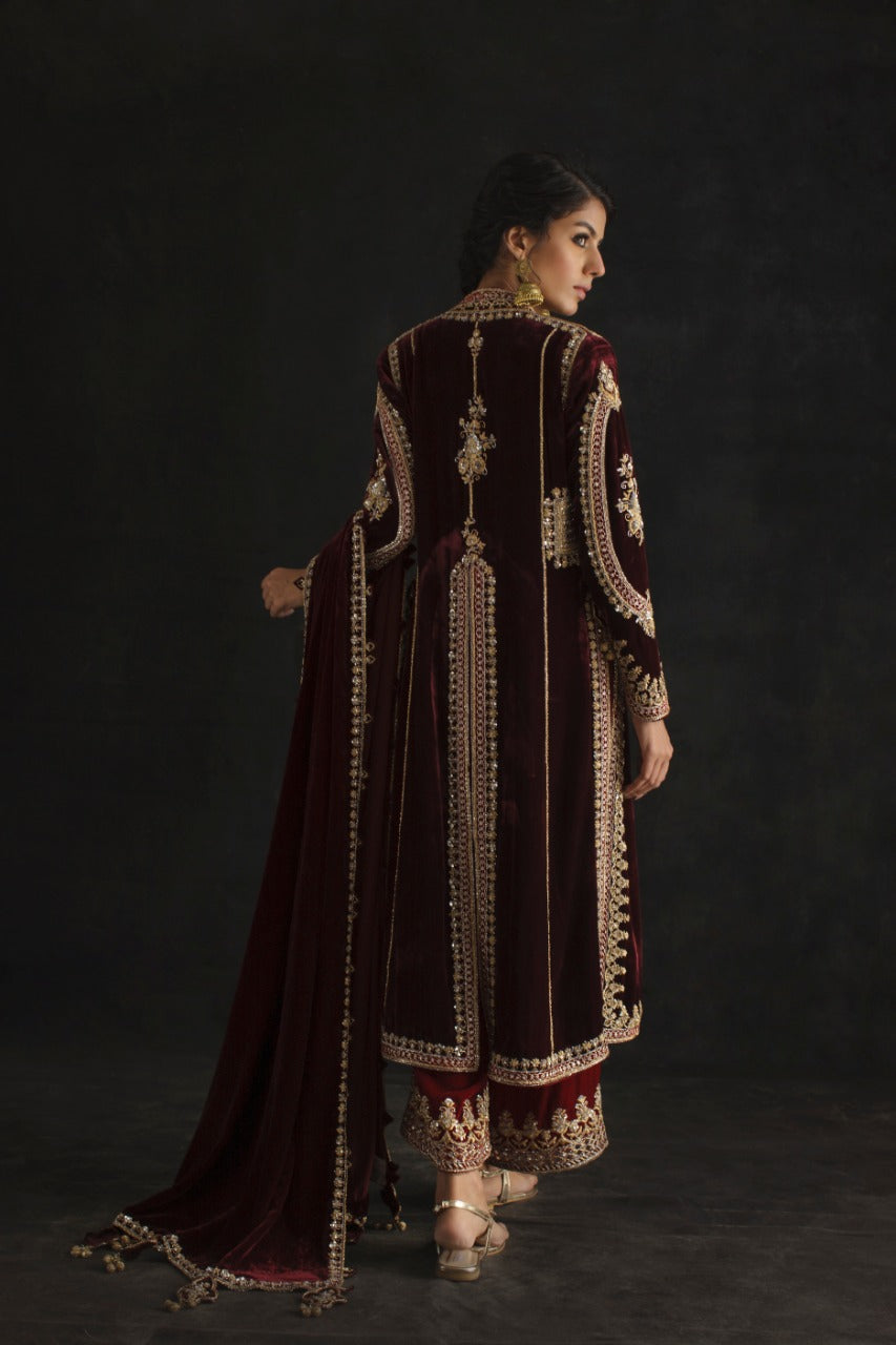 Dark Maroon Zardozi Velvet Jacket Set (3-Piece) - Image 2