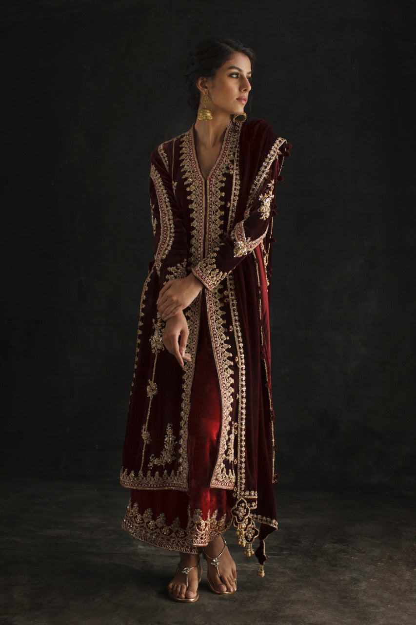Dark Maroon Zardozi Velvet Jacket Set (3-Piece) - Image 4