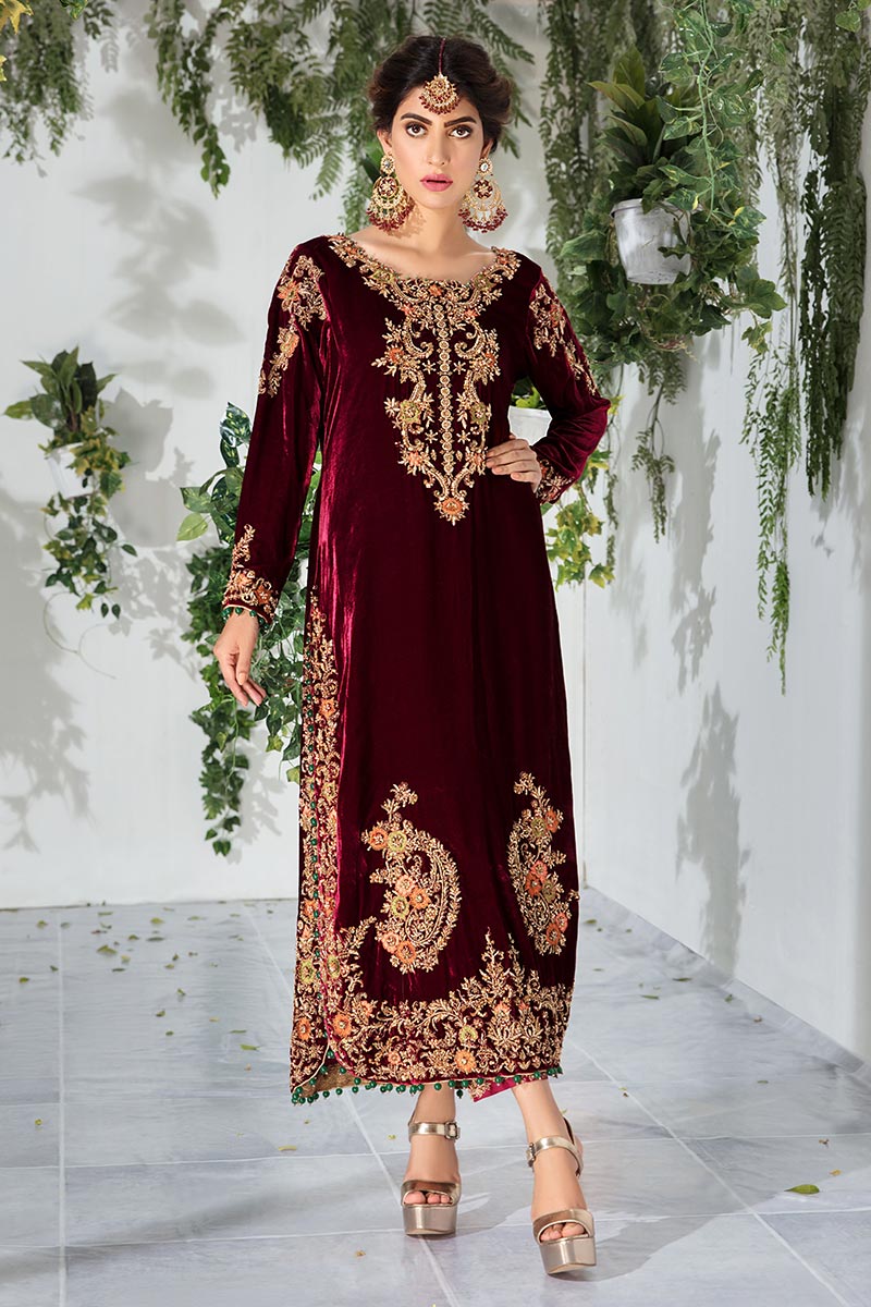 Maroon Zardozi Resham Velvet Salwar Kameez (3-Piece) - Image 1