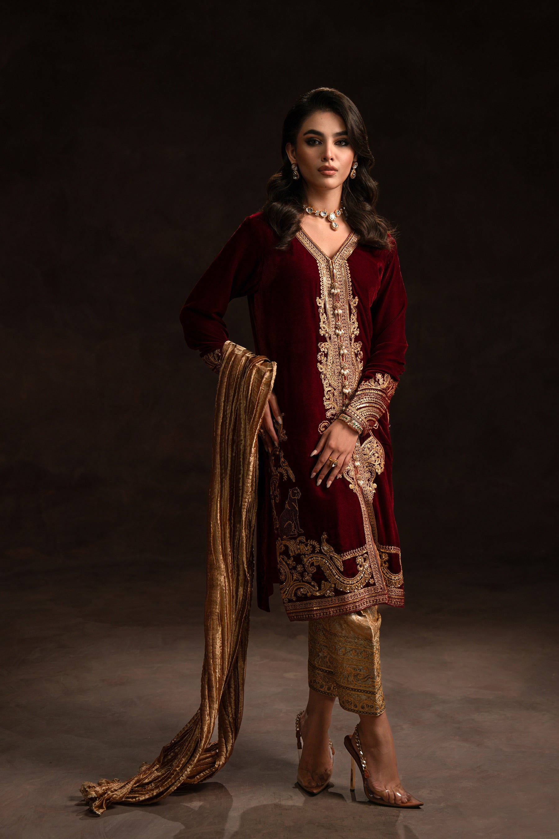 Maroon Gold Embroidered Velvet Jamawar Salwar Kameez (3-Piece) - Image 1