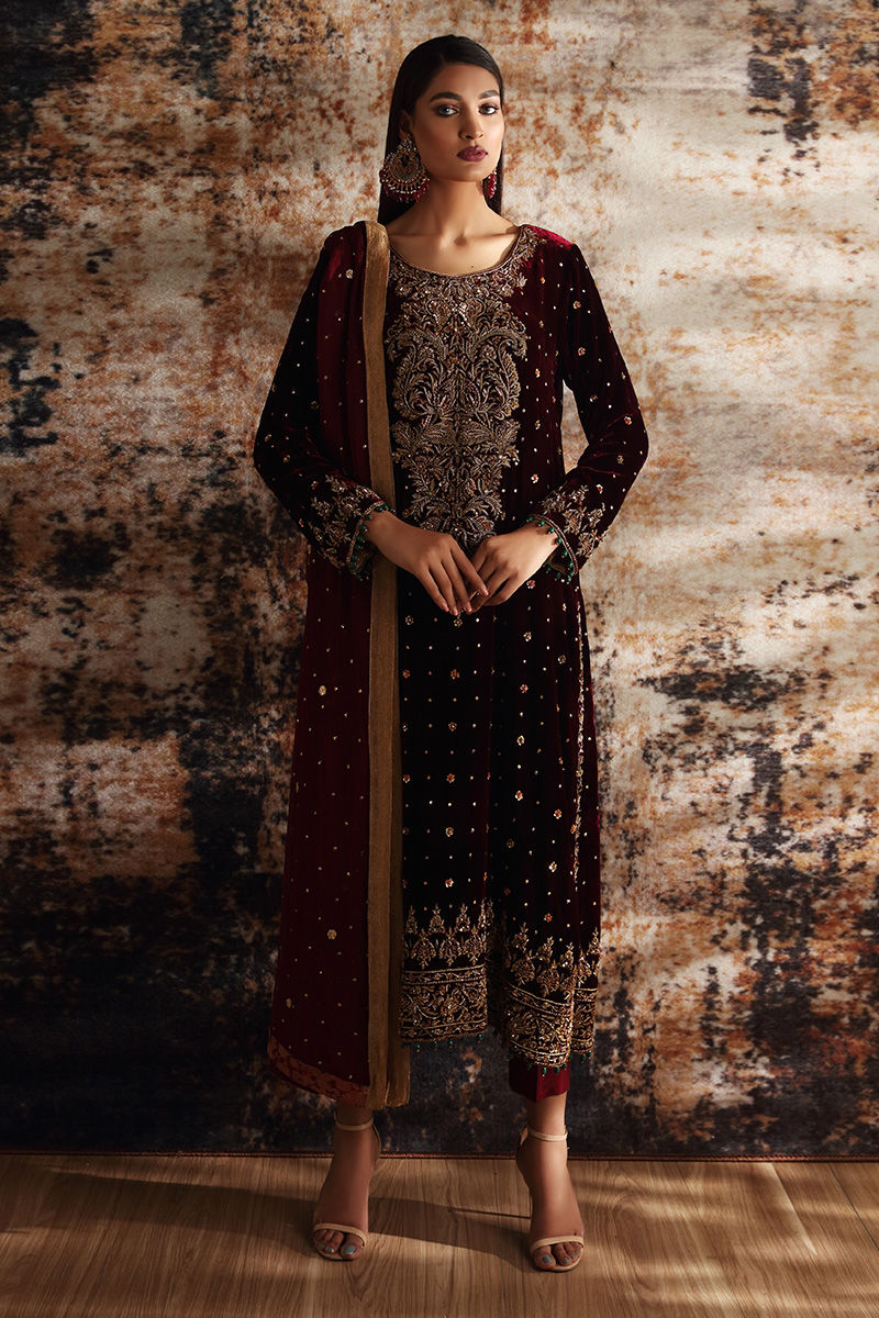 Pakistani Deep Maroon Zardozi Velvet Salwar Kameez (3-Piece) - Image 1