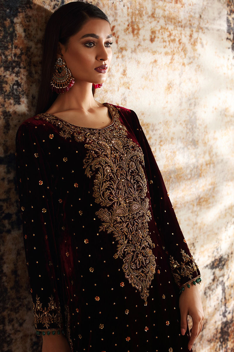 Pakistani Deep Maroon Zardozi Velvet Salwar Kameez (3-Piece) - Image 3