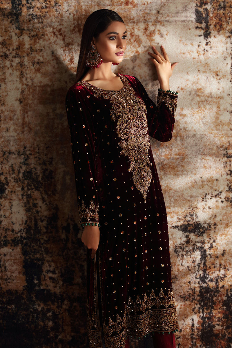 Pakistani Deep Maroon Zardozi Velvet Salwar Kameez (3-Piece) - Image 4