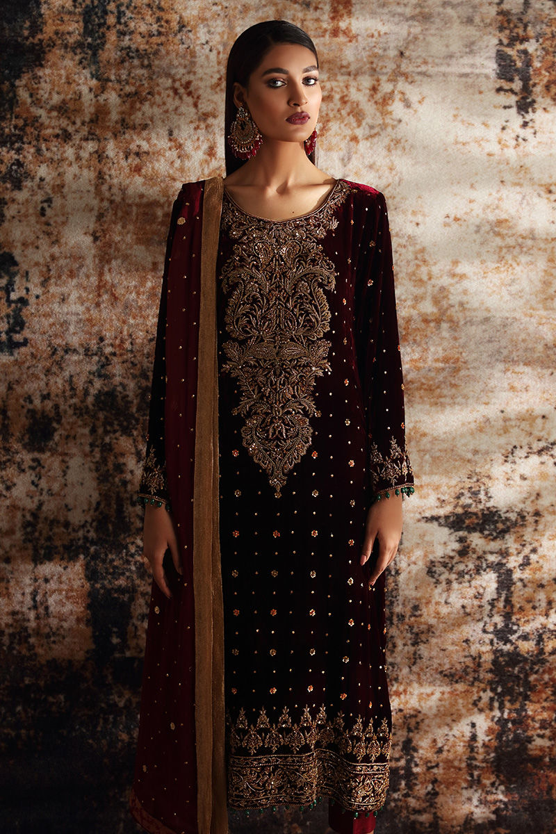 Pakistani Deep Maroon Zardozi Velvet Salwar Kameez (3-Piece) - Image 5