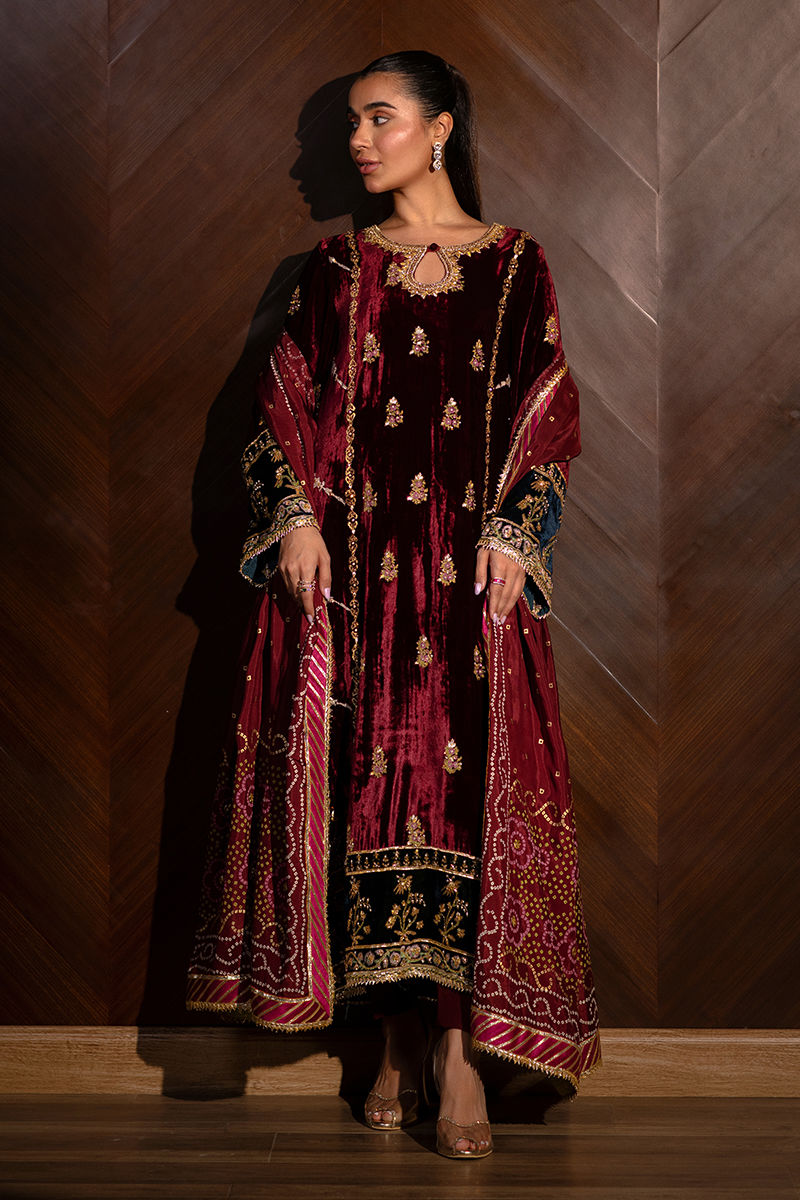 Maroon Embroidered Velvet Salwar Kameez (3-Piece) - Image 1