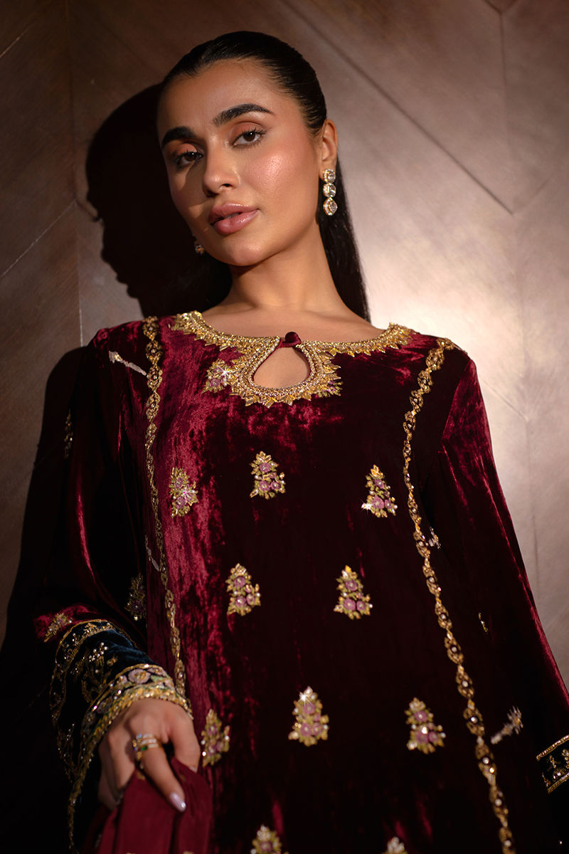 Maroon Embroidered Velvet Salwar Kameez (3-Piece) - Image 2