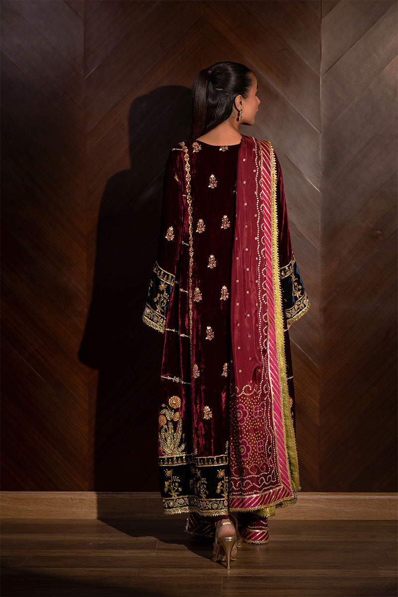Maroon Embroidered Velvet Salwar Kameez (3-Piece) - Image 3