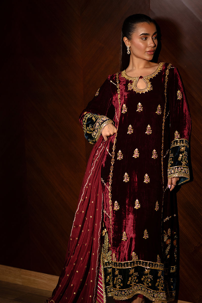 Maroon Embroidered Velvet Salwar Kameez (3-Piece) - Image 5