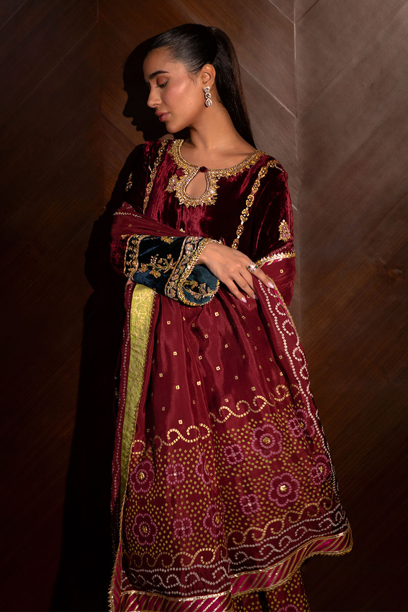 Maroon Embroidered Velvet Salwar Kameez (3-Piece) - Image 6