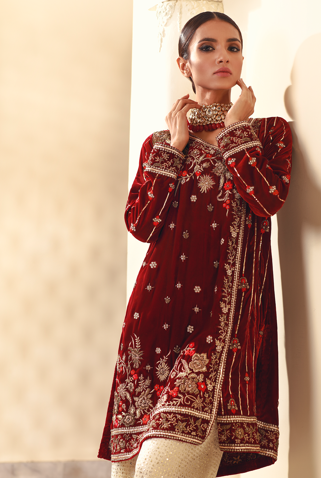 Pakistani Maroon Zardozi Velvet Salwar Kameez (3-Piece) - Image 1