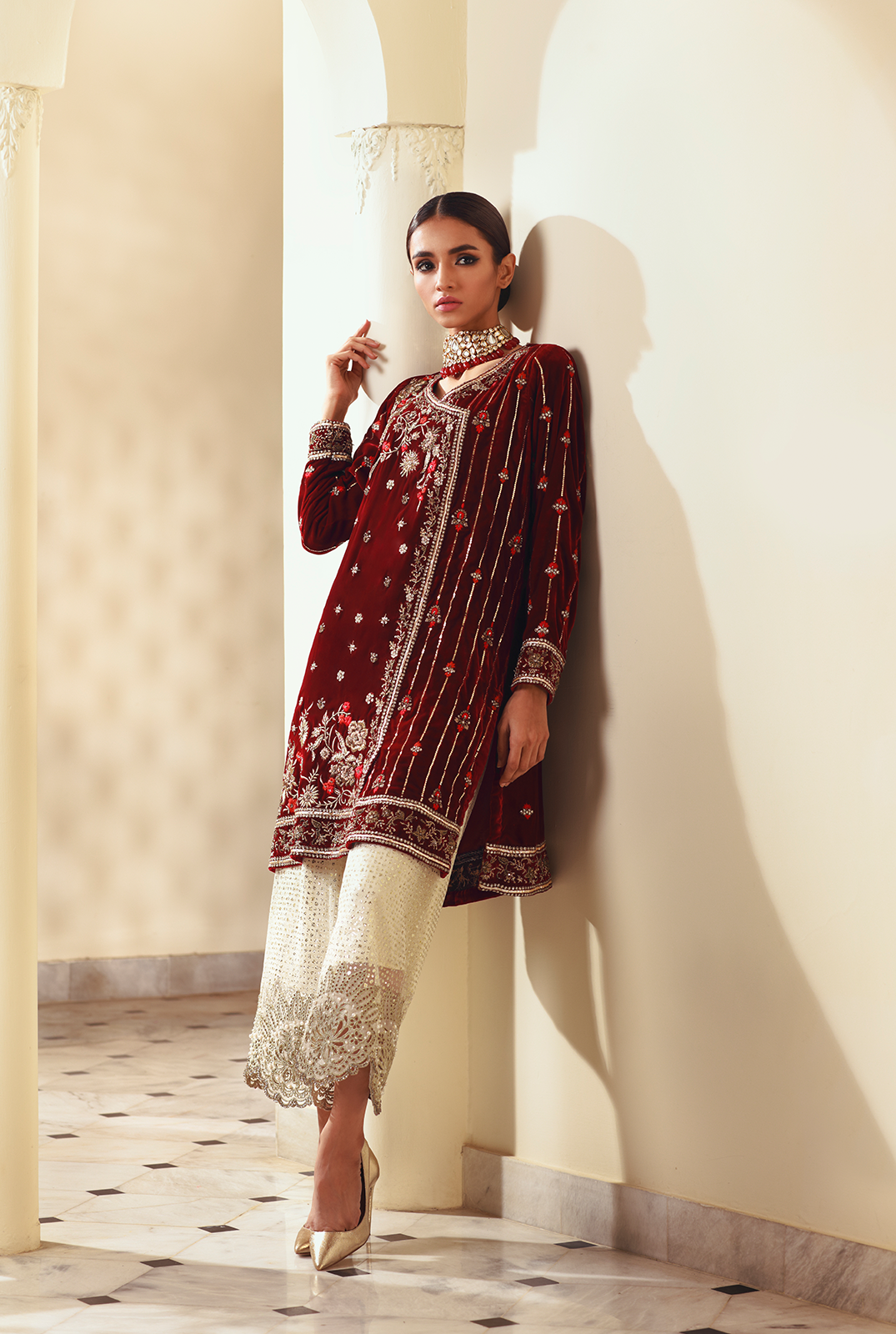 Pakistani Maroon Zardozi Velvet Salwar Kameez (3-Piece) - Image 3