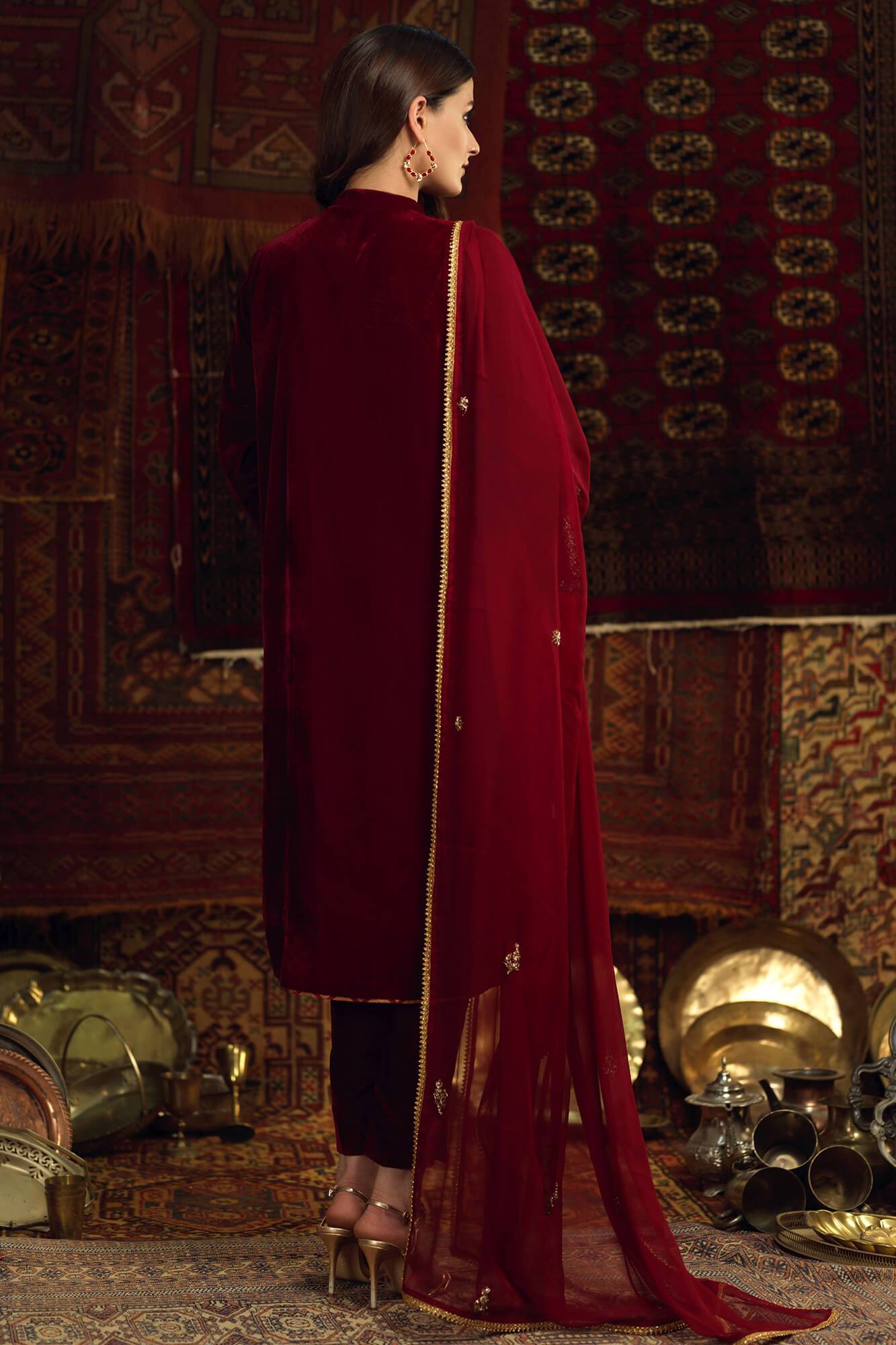 Maroon Zardozi Velvet Salwar Kameez (3-Piece) - Image 1