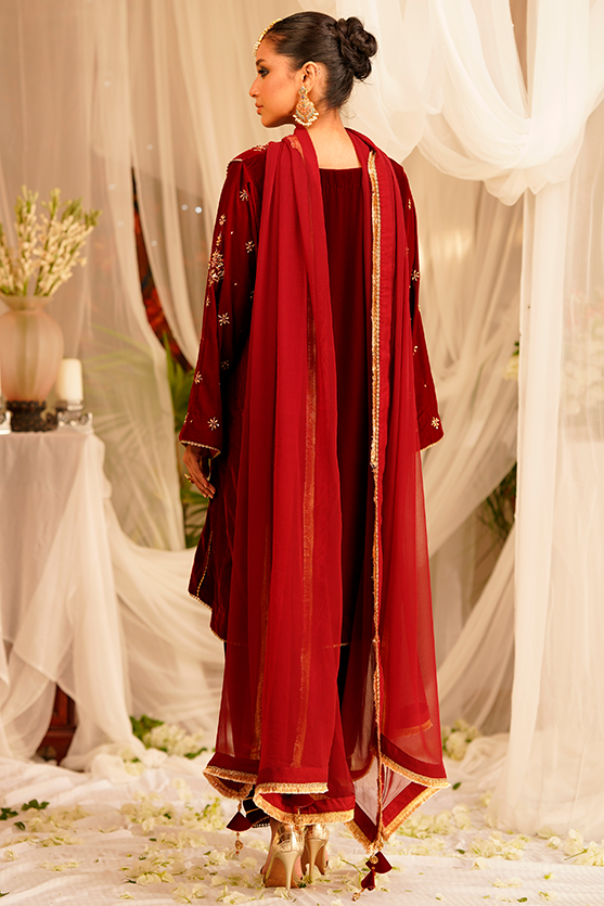 Maroon Zardozi Velvet Salwar Kameez (3-Piece) - Image 1