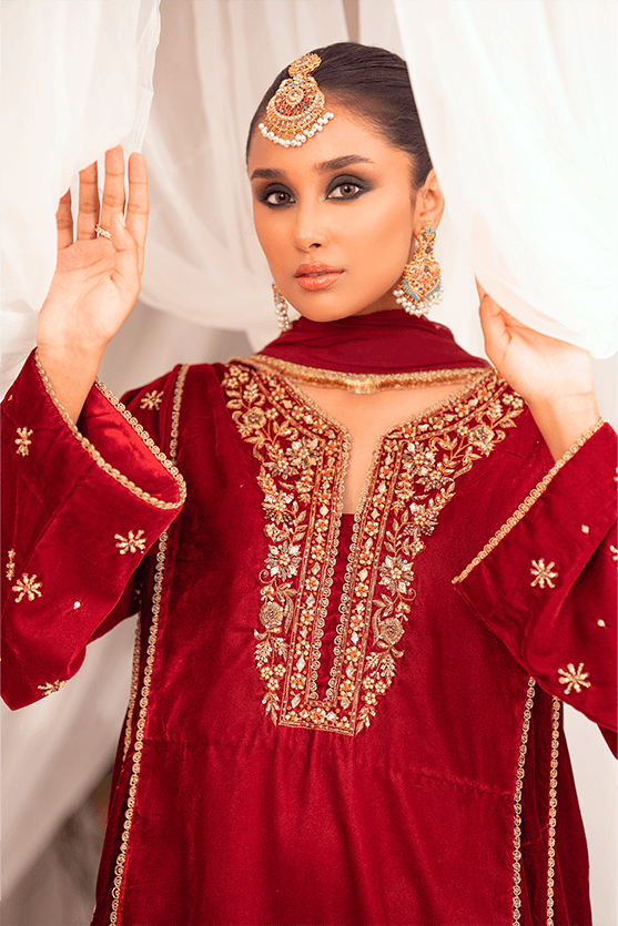 Maroon Zardozi Velvet Salwar Kameez (3-Piece) - Image 5