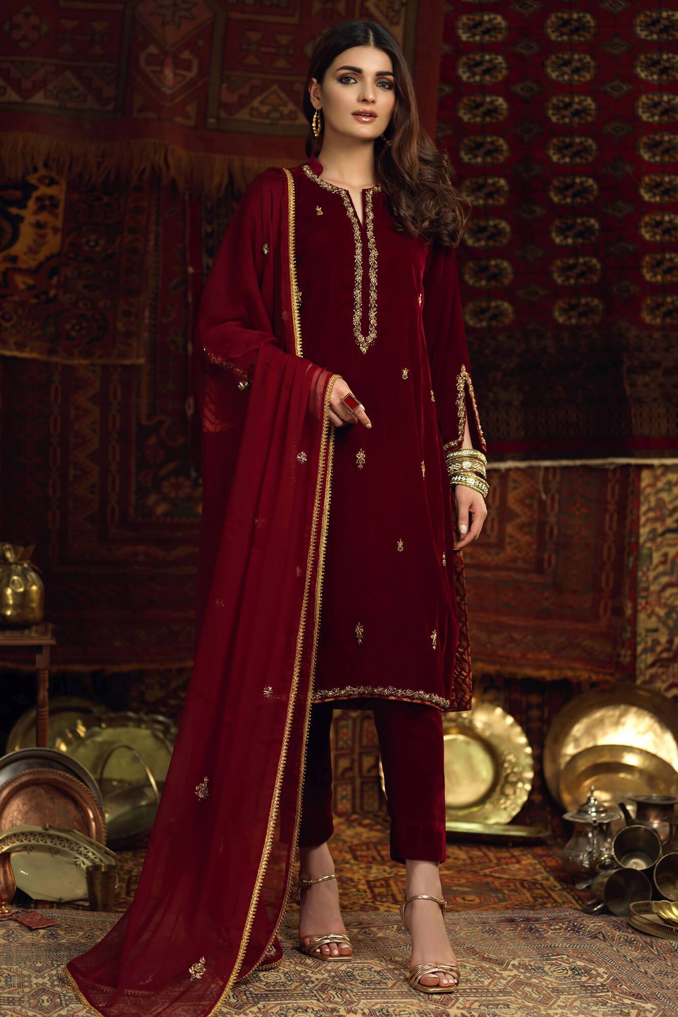 Pakistani Maroon Zardozi Velvet Salwar Kameez (3-Piece) - Image 2