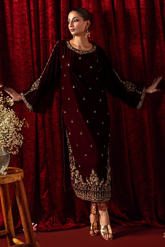 Maroon Embroidered Velvet Salwar Kameez (3-Piece) - Image 3