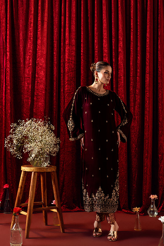 Maroon Embroidered Velvet Salwar Kameez (3-Piece) - Image 4