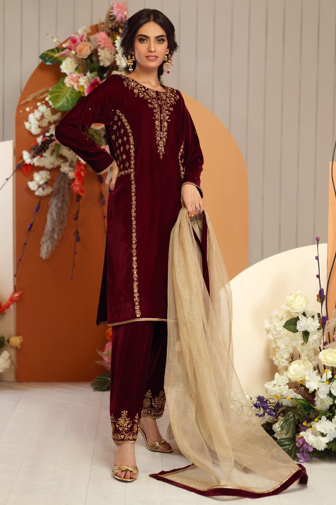 Pakistani Maroon Embroidered Velvet Salwar Kameez (3-Piece) - Image 2
