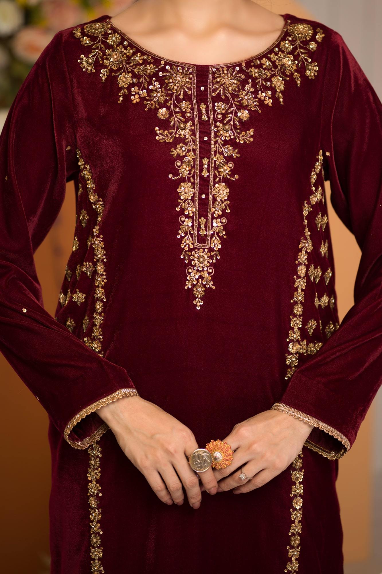 Pakistani Maroon Embroidered Velvet Salwar Kameez (3-Piece) - Image 5
