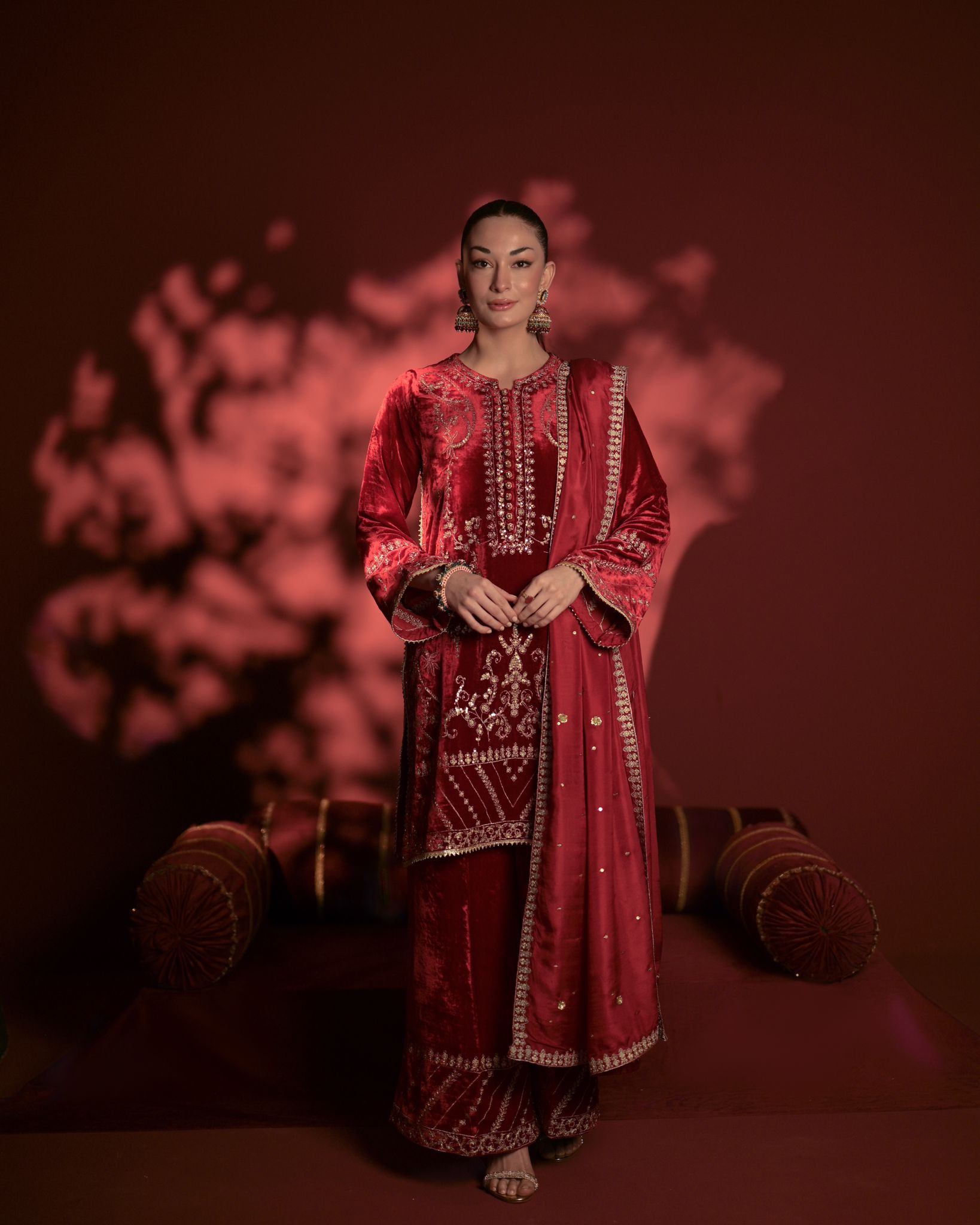 Maroon Zari Sequin Velvet Salwar Kameez (3-Piece) - Image 4