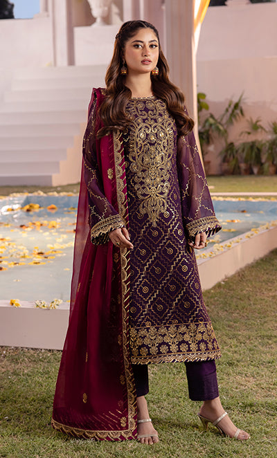 Pakistani Deep Maroon Velvet Embroidered 3-Piece Suit - Image 1