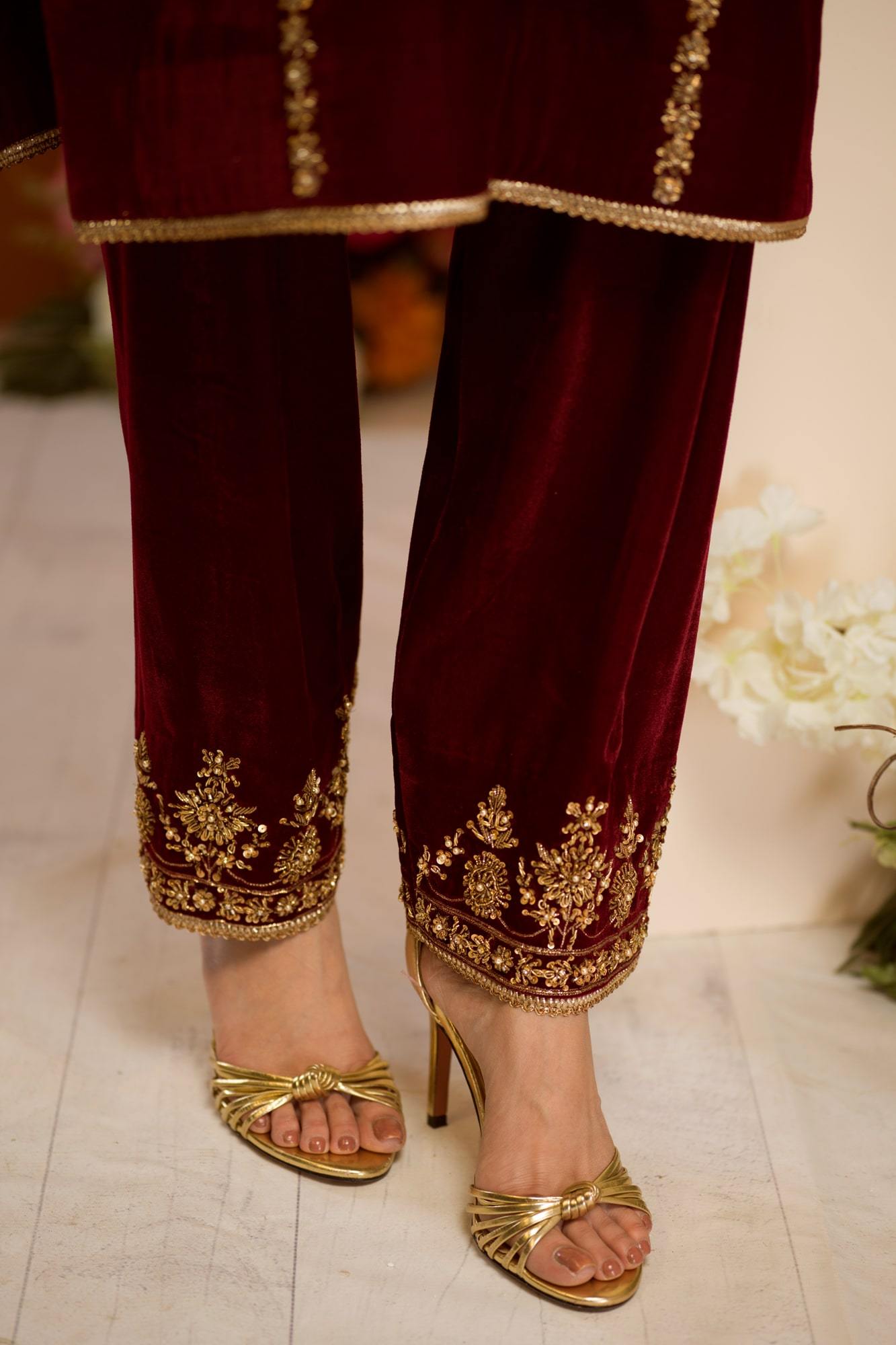 Maroon Embroidered Velvet Salwar Kameez (3-Piece) - Image 1