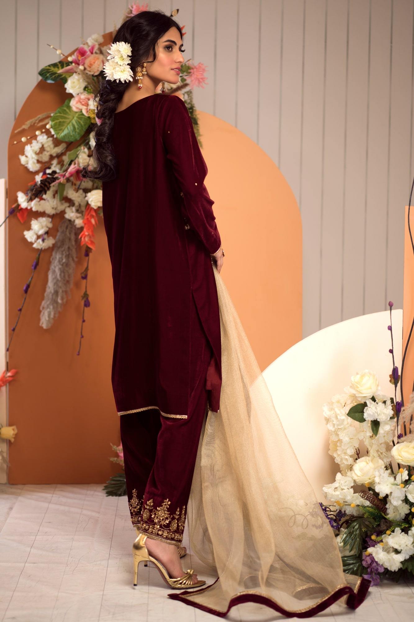 Maroon Embroidered Velvet Salwar Kameez (3-Piece) - Image 3