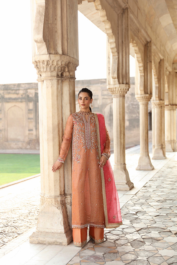 Pakistani Rust Zari Net Salwar Kameez (3-Piece) - Image 5