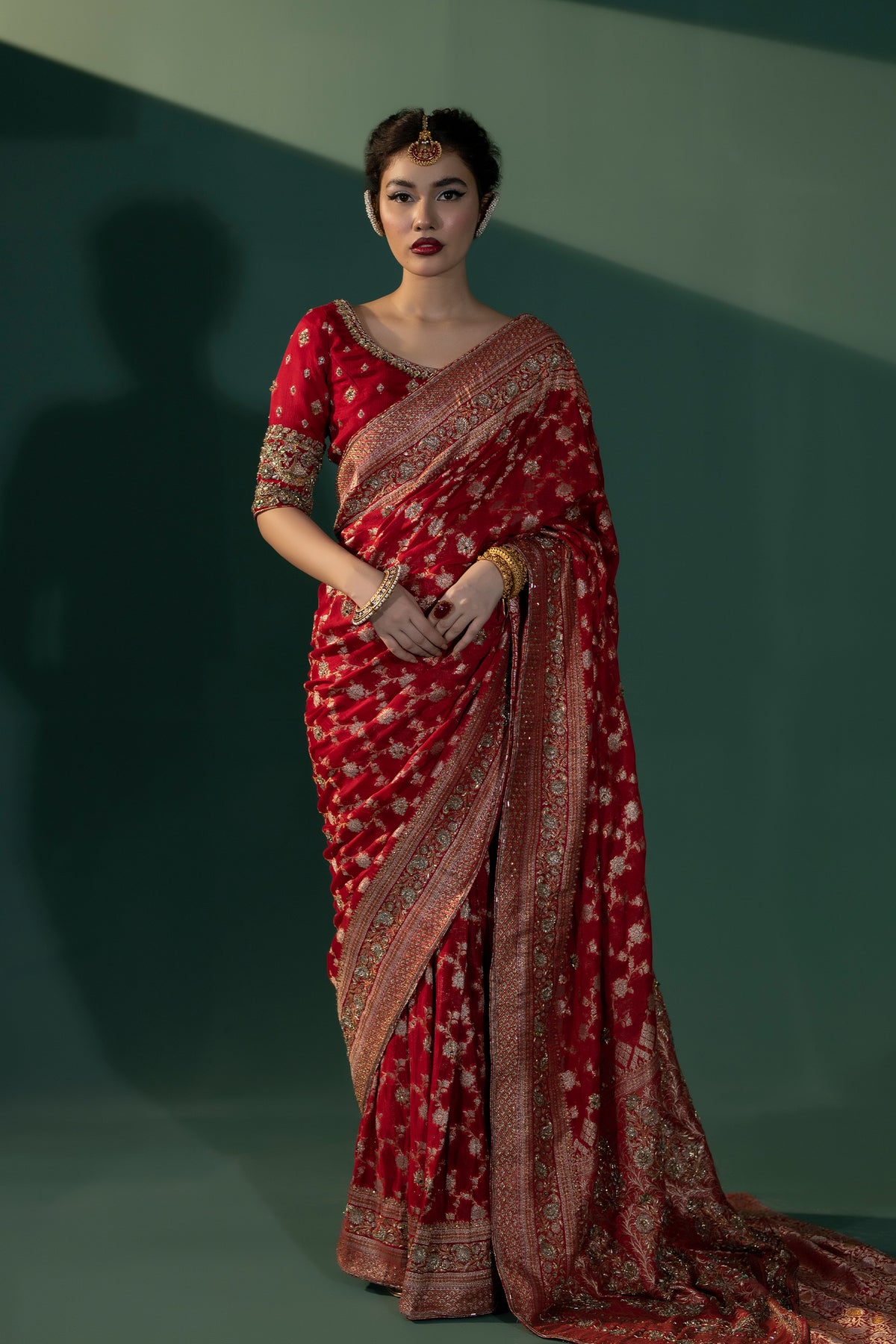Deep Maroon Embellished Banarsi Chiffon Saree (3-Piece) - Image 2