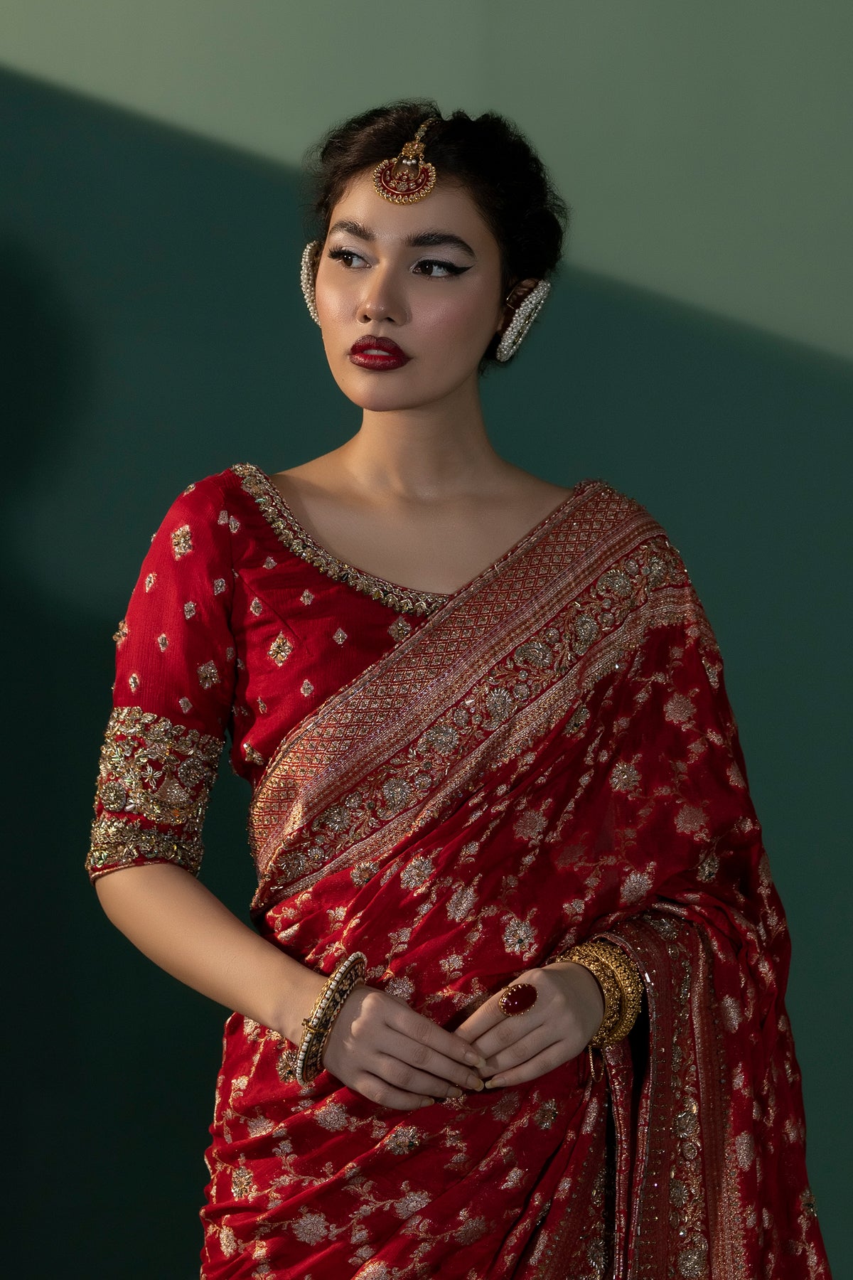 Deep Maroon Embellished Banarsi Chiffon Saree (3-Piece) - Image 4