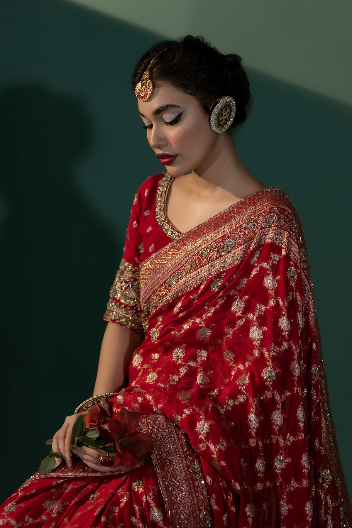 Deep Maroon Embellished Banarsi Chiffon Saree (3-Piece) - Image 5