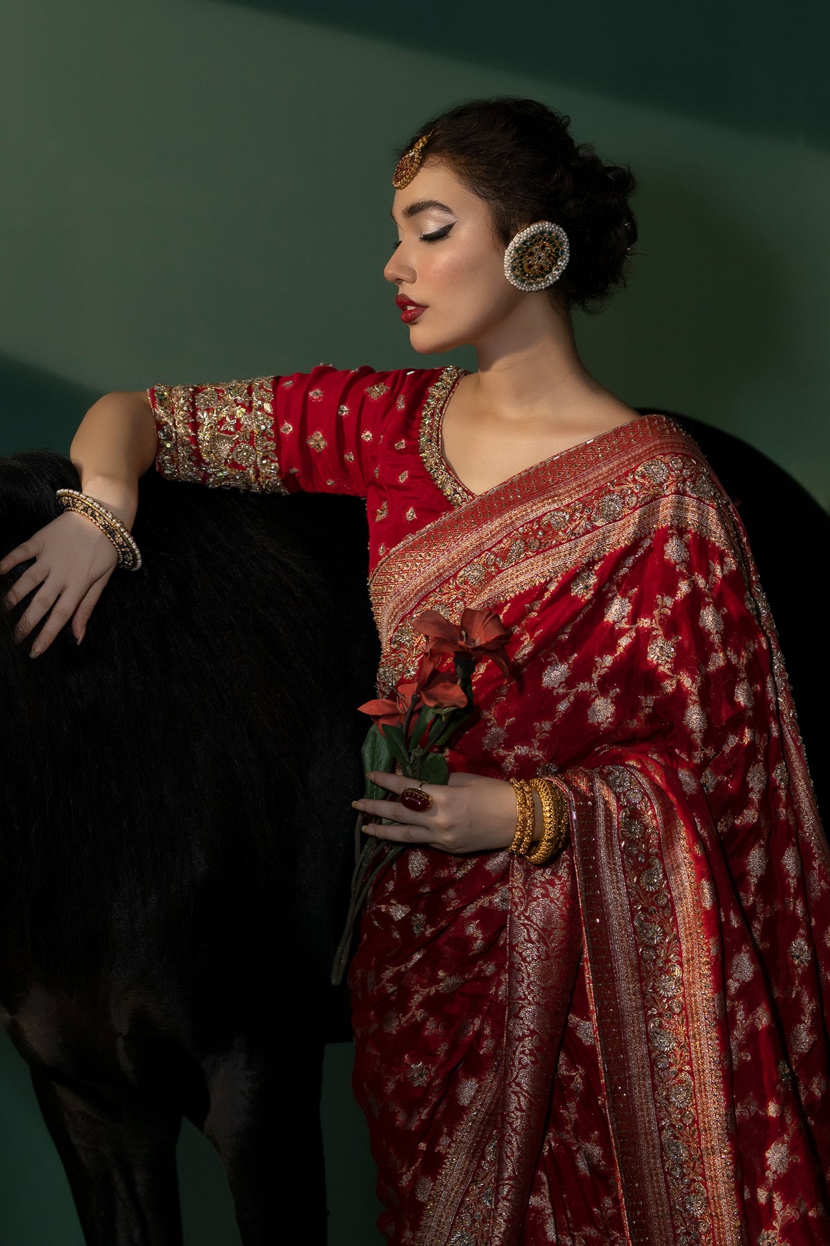 Deep Maroon Embellished Banarsi Chiffon Saree (3-Piece) - Image 6