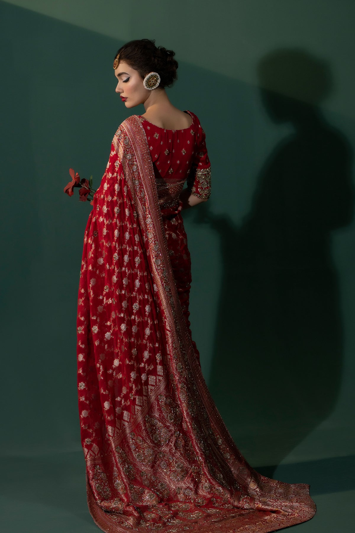 Deep Maroon Embellished Banarsi Chiffon Saree (3-Piece) - Image 7