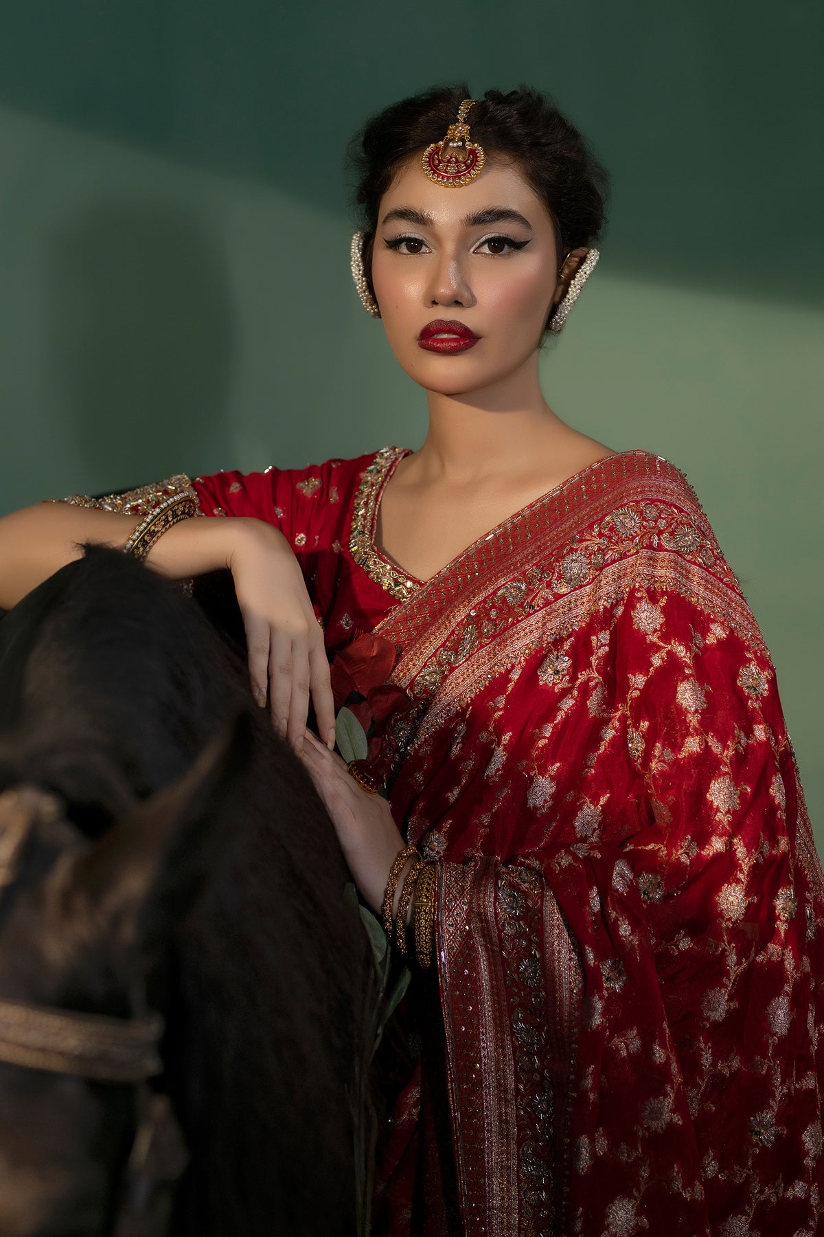 Deep Maroon Embellished Banarsi Chiffon Saree (3-Piece) - Image 8