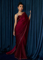 Pakistani Maroon Ombre Charmeuse Silk Saree (2-Piece) - Image 3