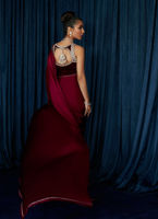 Pakistani Maroon Ombre Charmeuse Silk Saree (2-Piece) - Image 5