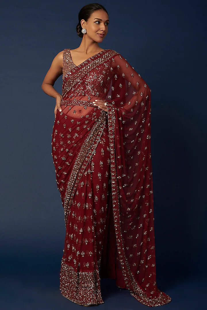 Indian Maroon Sequinned Embroidered Net Saree (3-Piece) - Image 1