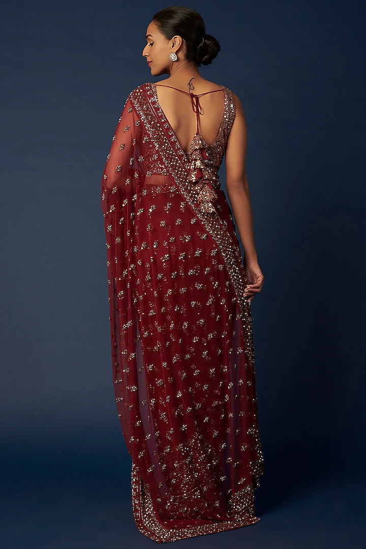 Indian Maroon Sequinned Embroidered Net Saree (3-Piece) - Image 2