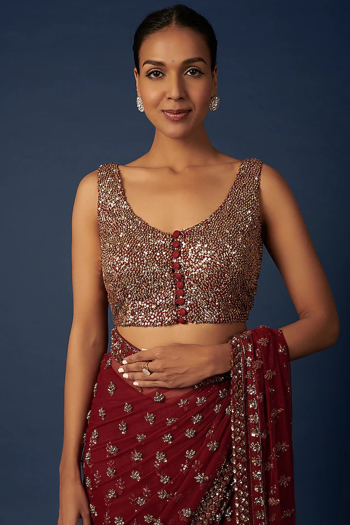 Indian Maroon Sequinned Embroidered Net Saree (3-Piece) - Image 3