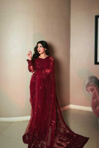 Deep Maroon Embroidered Net Saree (2-Piece) - Image 2