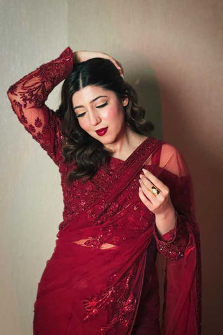 Deep Maroon Embroidered Net Saree (2-Piece) - Image 3