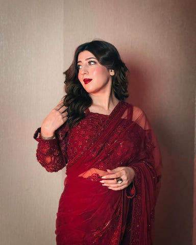 Deep Maroon Embroidered Net Saree (2-Piece) - Image 6