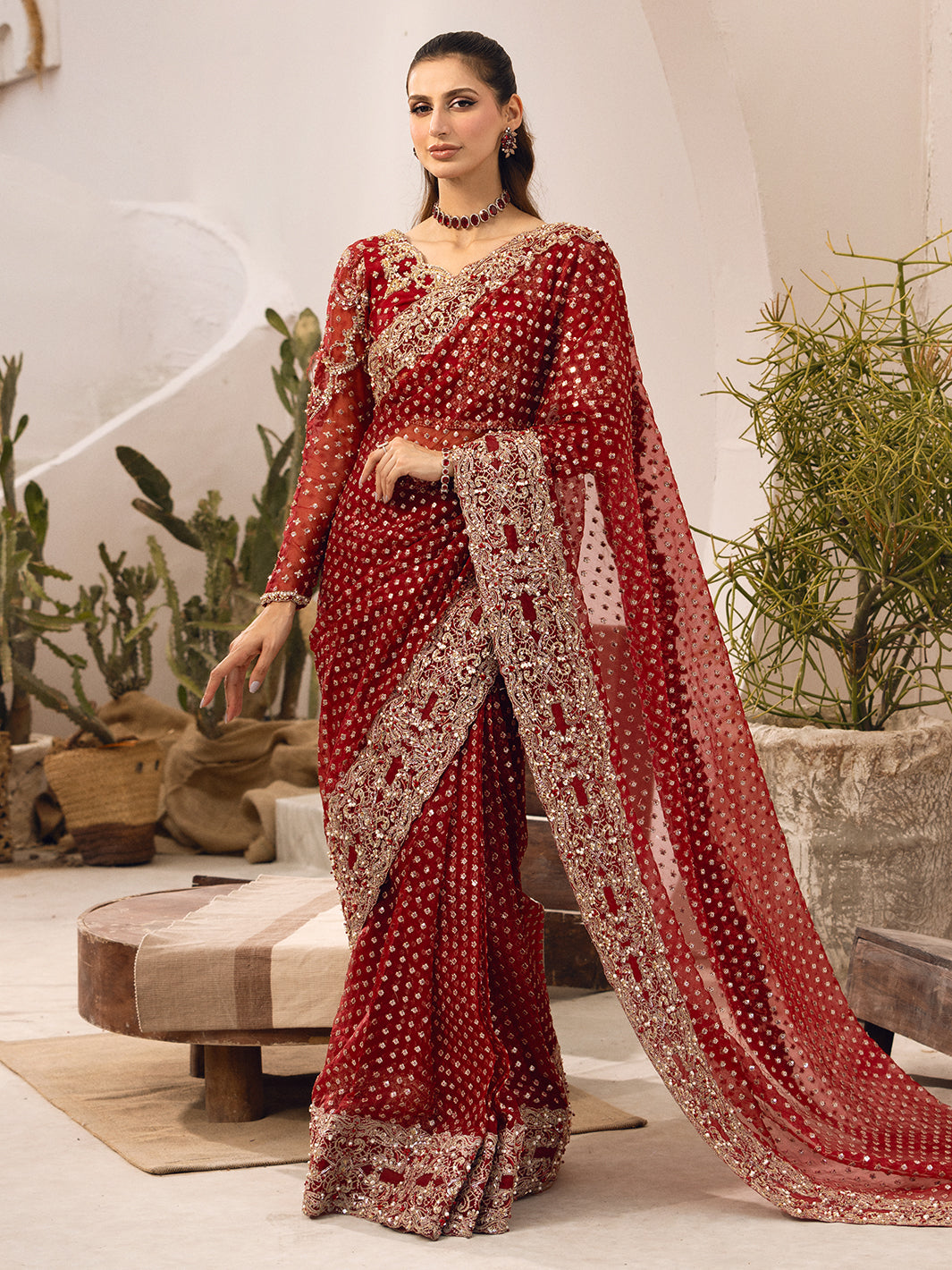 Maroon Hand-Embellished Organza Saree (2-Piece) - Image 1