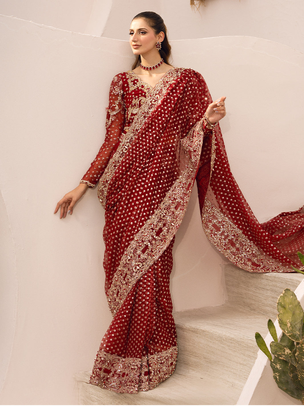 Maroon Hand-Embellished Organza Saree (2-Piece) - Image 2