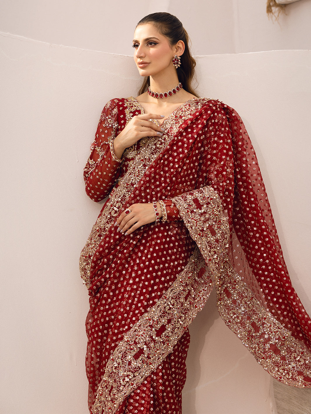 Maroon Hand-Embellished Organza Saree (2-Piece) - Image 3