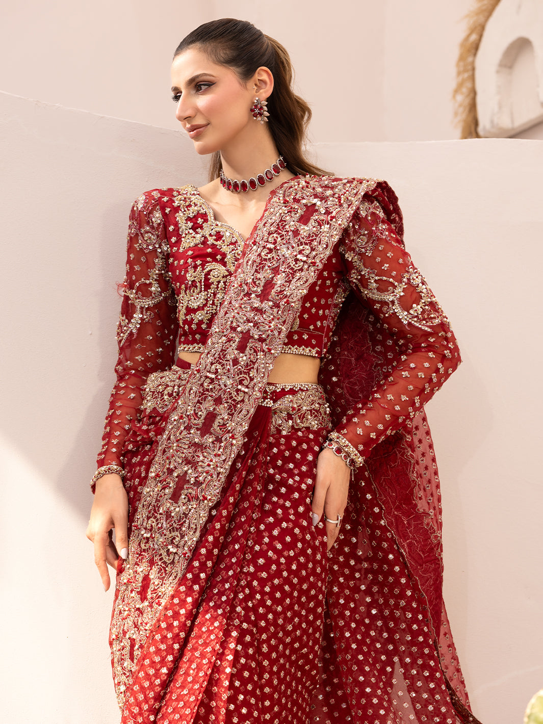 Maroon Hand-Embellished Organza Saree (2-Piece) - Image 6