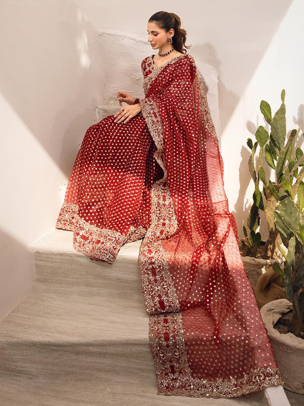 Maroon Hand-Embellished Organza Saree (2-Piece) - Image 7